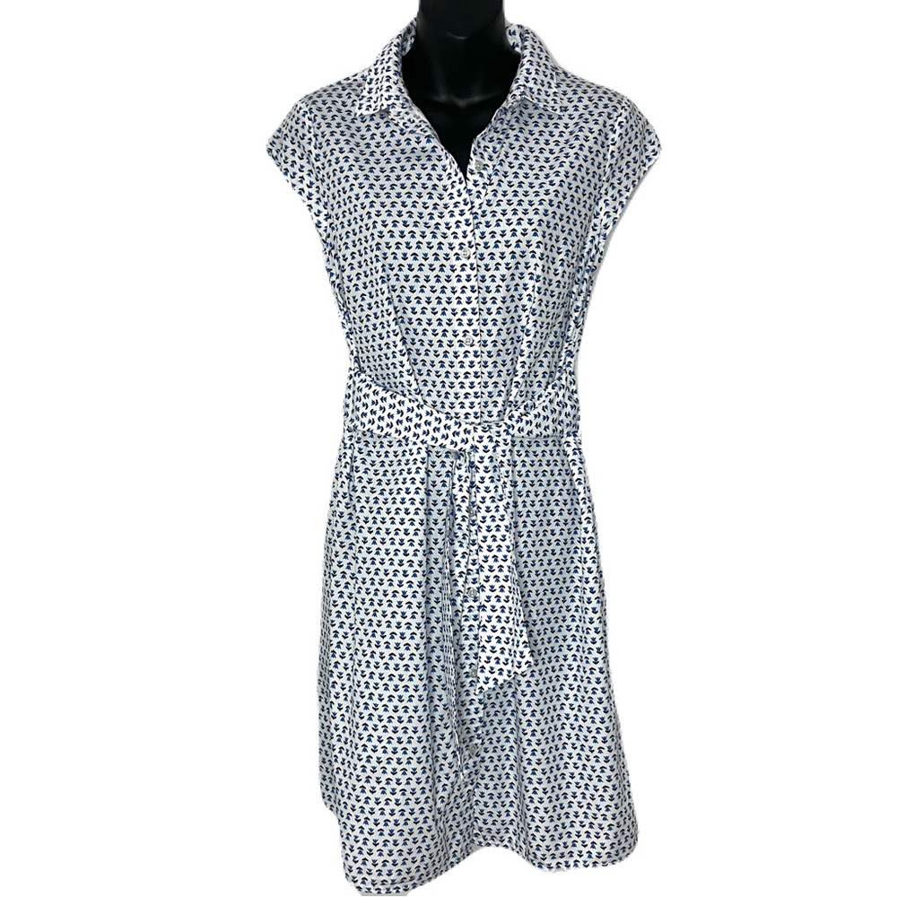 Tommy Hilfiger Blue and Black Floral Print Cap Sleeve Belted Shirt Dress